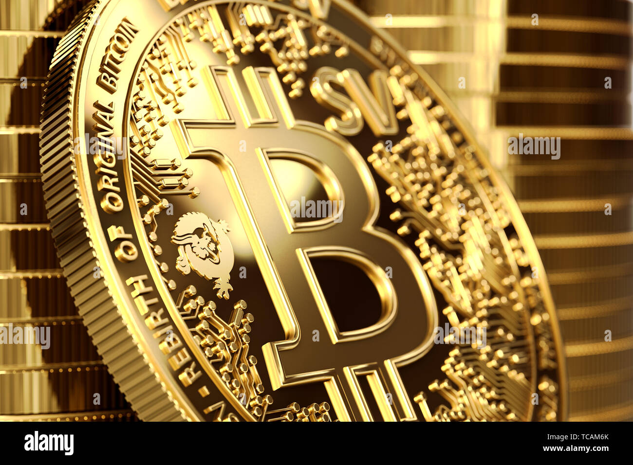 Nahaufnahme auf BSV Buchstaben auf konzeptionelle Bitcoin Satoshi Vision Münze (Bitcoin SV). 3D-Rendering Stockfoto