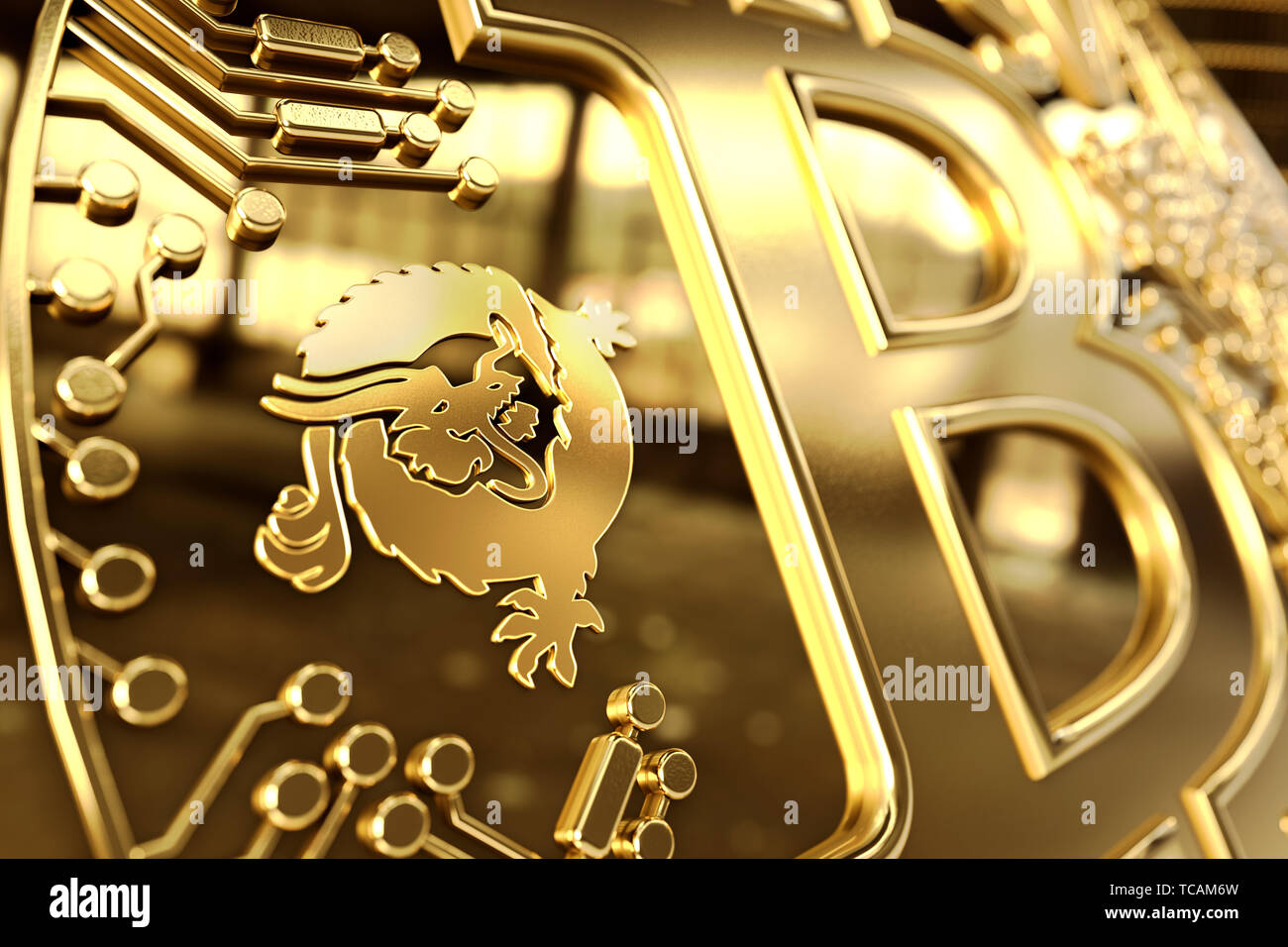 Nahaufnahme auf Dragon Logo auf konzeptionelle Bitcoin Satoshi Vision Münze (Bitcoin SV oder Bsv). 3D-Rendering Stockfoto