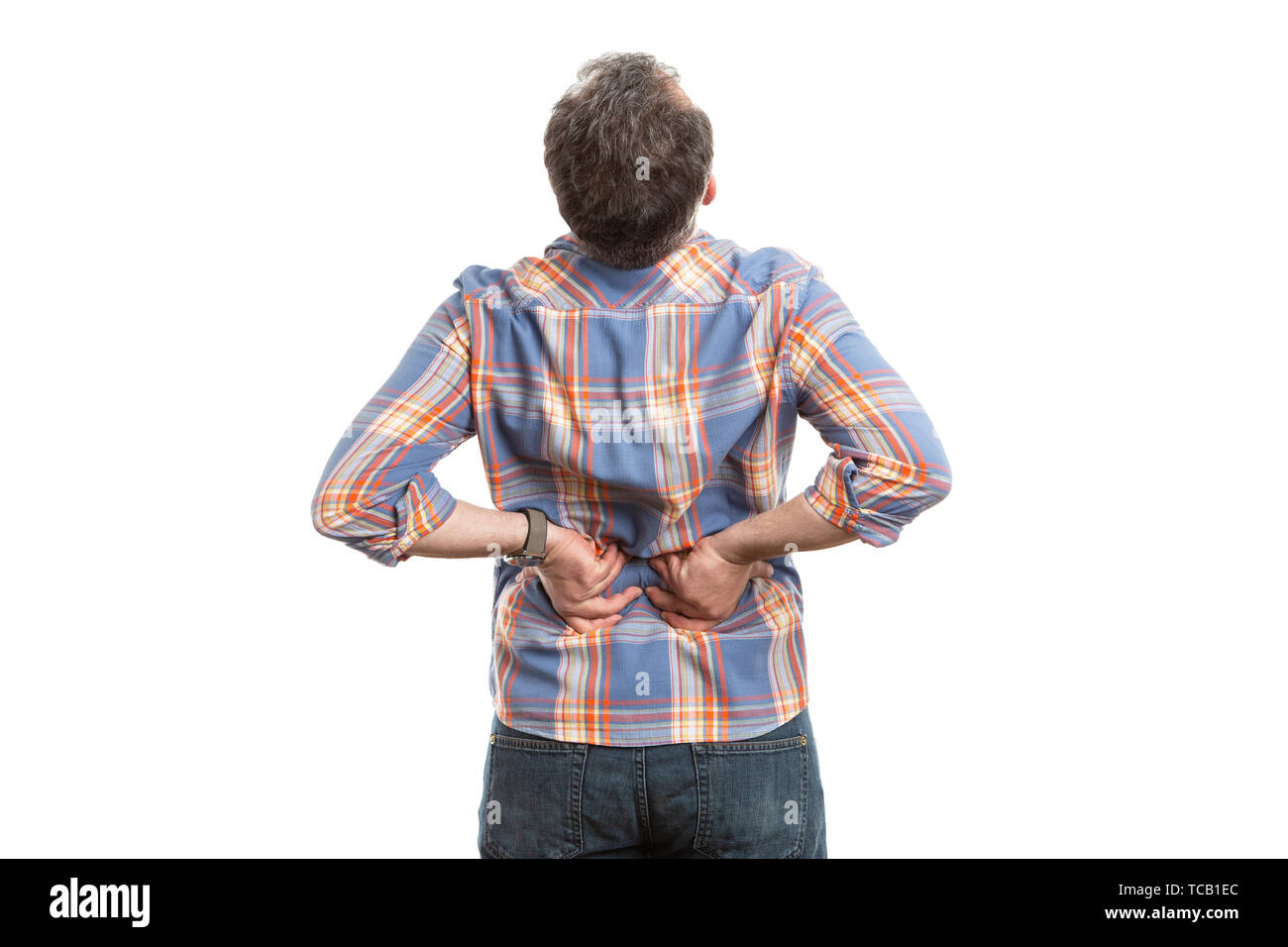 Man dehnen wie Rückenschmerzen durch körperliche Anstrengung Konzept auf weißem studio Hintergrund verursacht Stockfoto