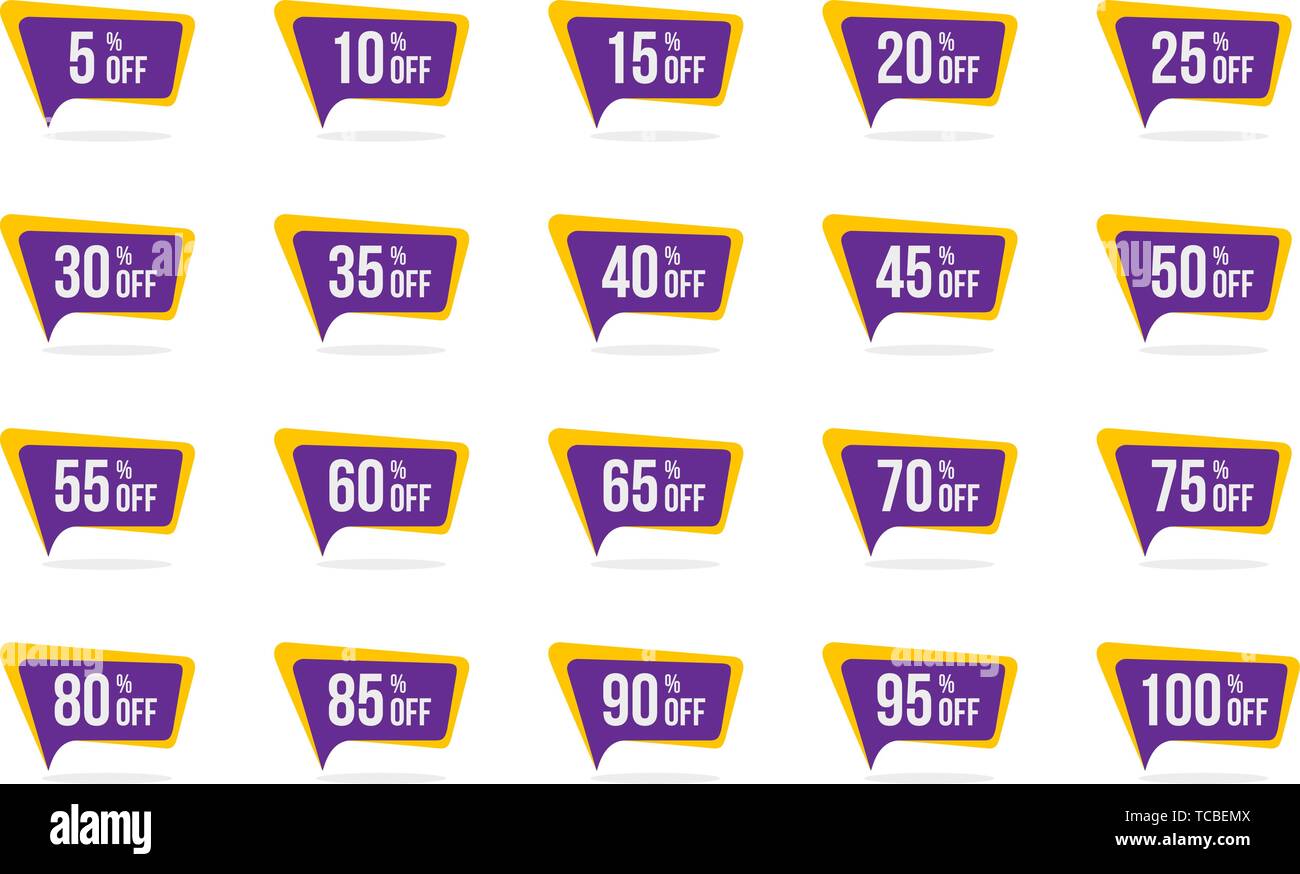 Moderne Verkaufs- und Rabatt Preis Tag 5, 10, 15, 20, 25, 30, 35, 40, 45, 50, 55, 60, 65, 70, 75, 80, 85, 90, 95, 100 Prozent aus Verkauf Vector Illustration Stock Vektor