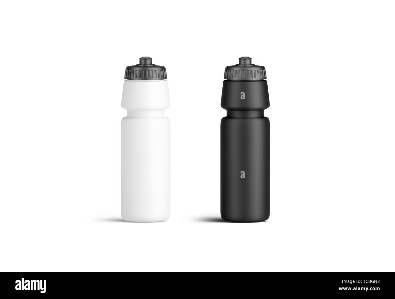 Leeren schwarzen und weißen Kunststoff Sport bottle Mock up, Vorderansicht, isoliert, 3D-Rendering. Klar wiederverwendbare Behälter mit grauer Kappe. Sauber fitness Kolben in der Turnhalle. Leere Radfahren botle Für Reisen Vorlage. Stockfoto