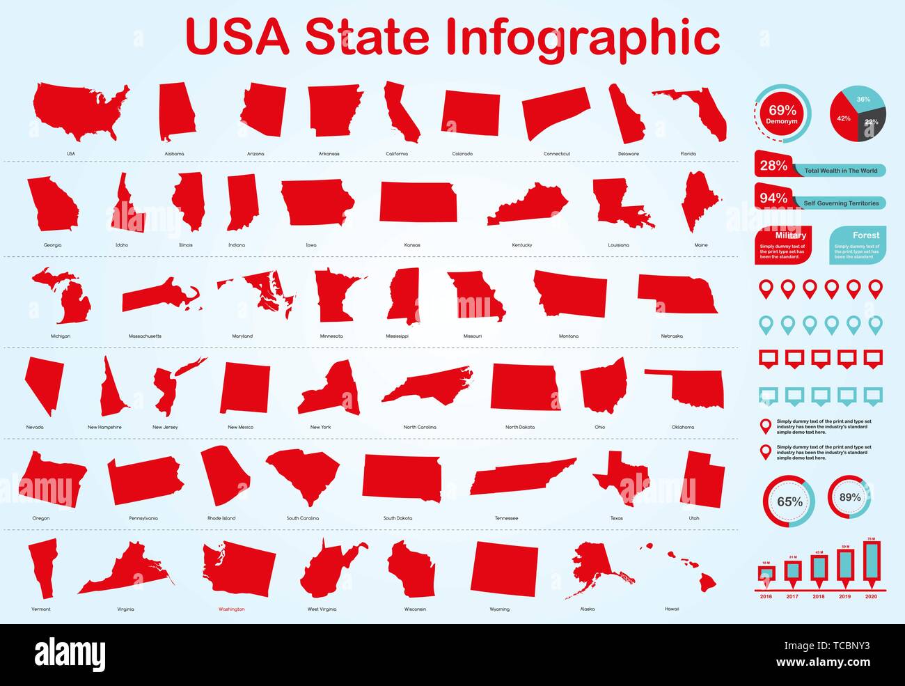 USA Alle staatlichen Karte mit Infografik Elemente in rote Farbe in hellen Hintergrund. Moderne grafische Element für Ihre Konstruktion. Stock Vektor