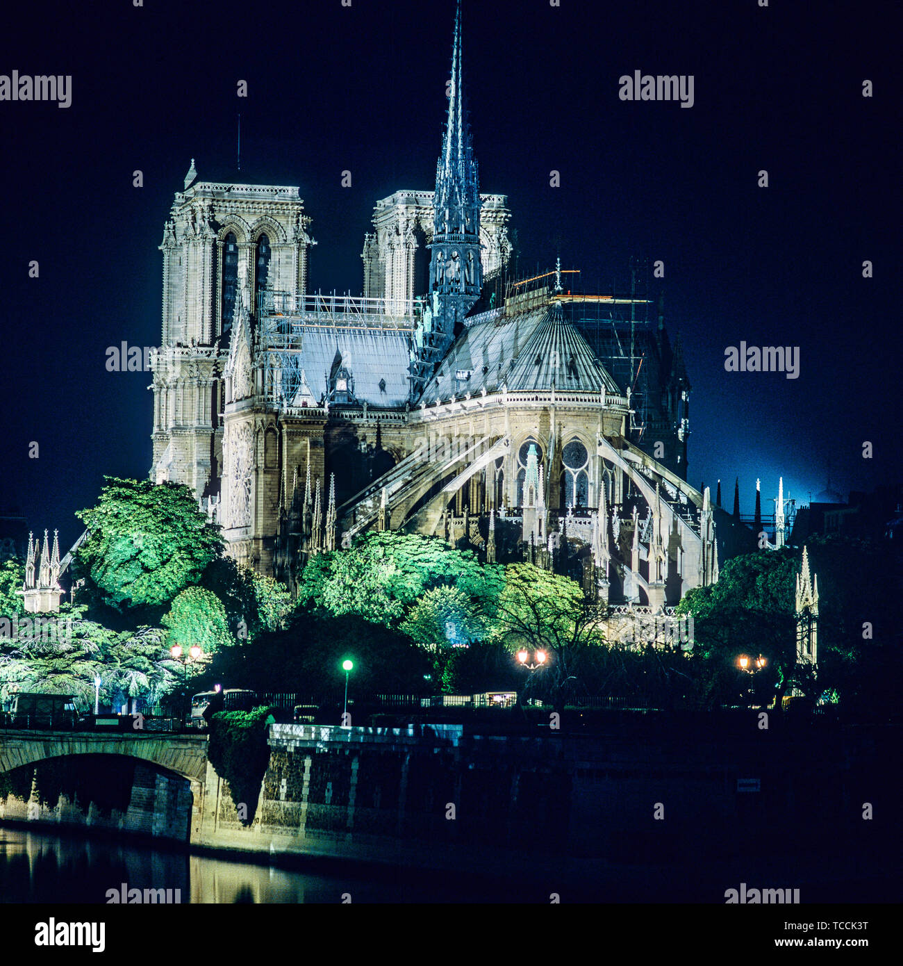 Die Kathedrale Notre-Dame de Paris bei Nacht vor dem Brand vom 15. April 2019, beleuchtete Osten Querschiff Fassade, Apsis, Turm, Paris, Frankreich, Europa, Stockfoto