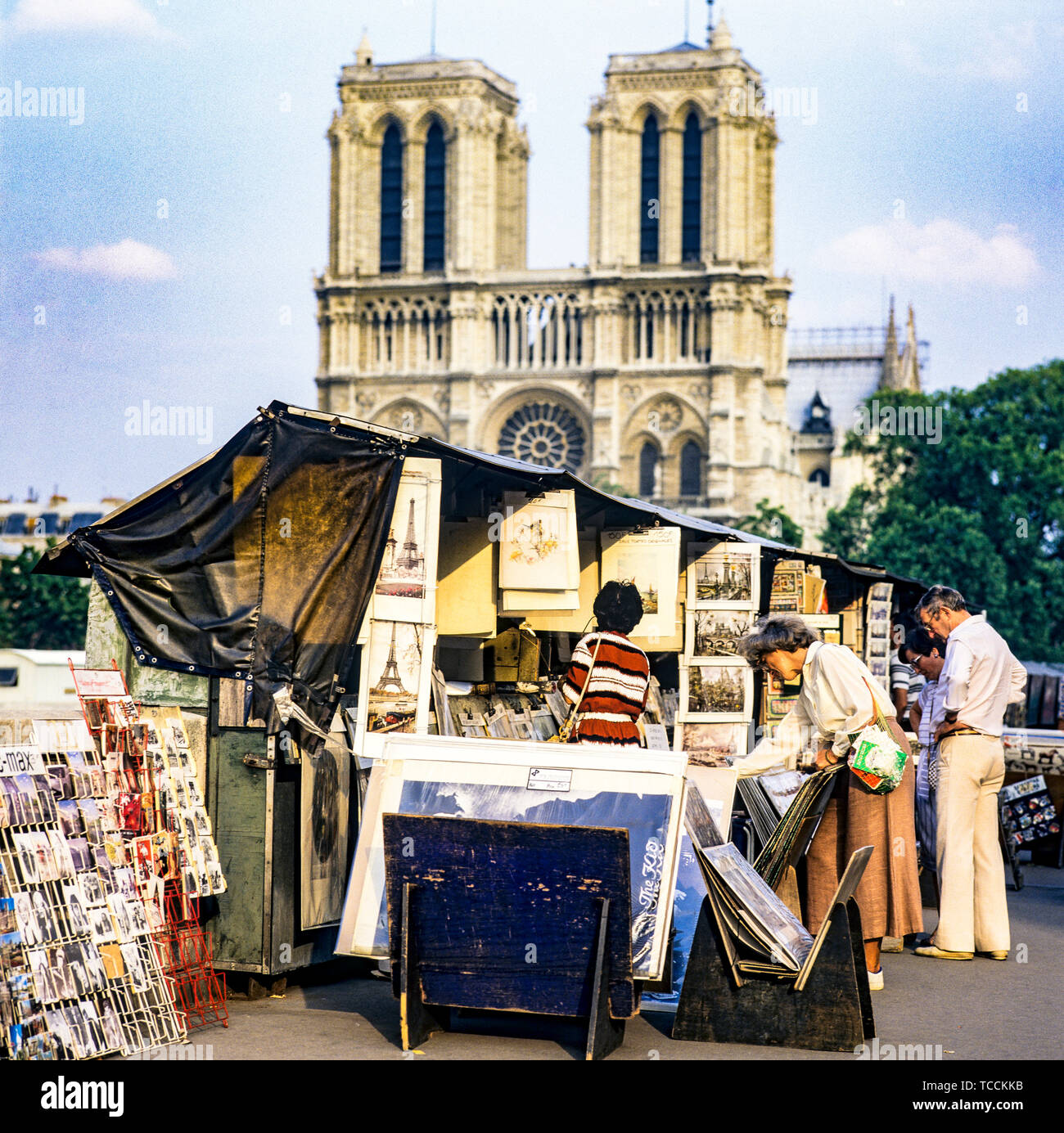 Leute einkaufen, gebrauchte Buchhändler, bouquinistes, Quai de Montebello Quay, Kathedrale Notre-Dame de Paris, Paris, Frankreich, Europa, Stockfoto