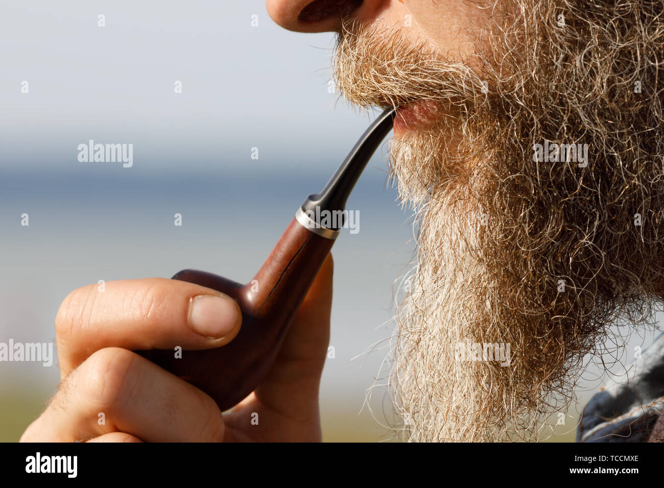 Bärtiger Mann mit einem rauchenden Pfeife im Mund, Seitenansicht Stockfoto