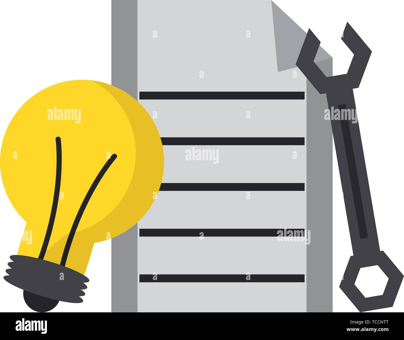 Dokument und Glühbirne und Schraubenschlüssel Symbole Stock Vektor
