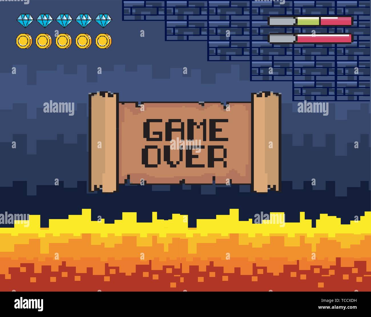 Game over Nachricht mit Feuer Szene und Leben bars Grafik vektor Illustration zu Videospiel Stock Vektor