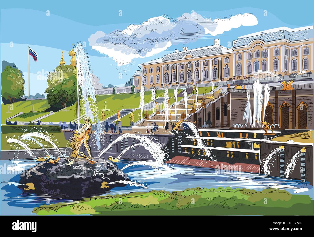 Malerischer Blick auf die Große Kaskade, Skulpturen und Springbrunnen auf Schloss Peterhof in St. Petersburg, Russland. Bunte isoliert Vektor Handzeichnung illus Stock Vektor