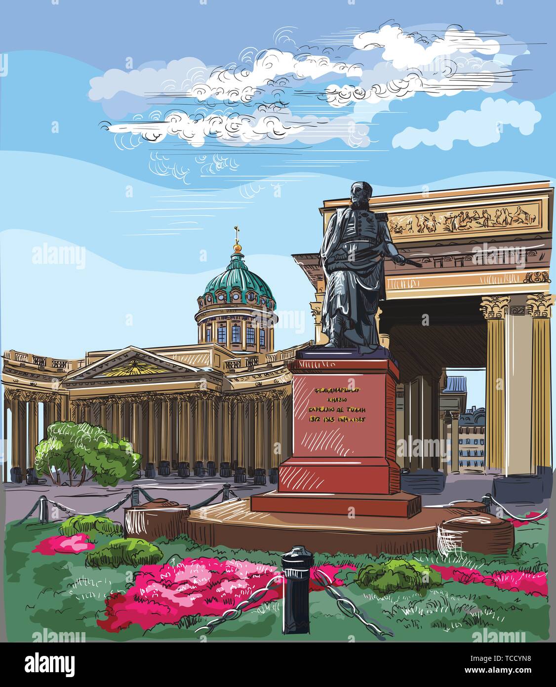 Stadtbild von der Kazan Kathedrale in St. Petersburg, Russland und Denkmal für Barclay de Tolly. Bunte Vektor hand Zeichnung Abbildung. Stock Vektor