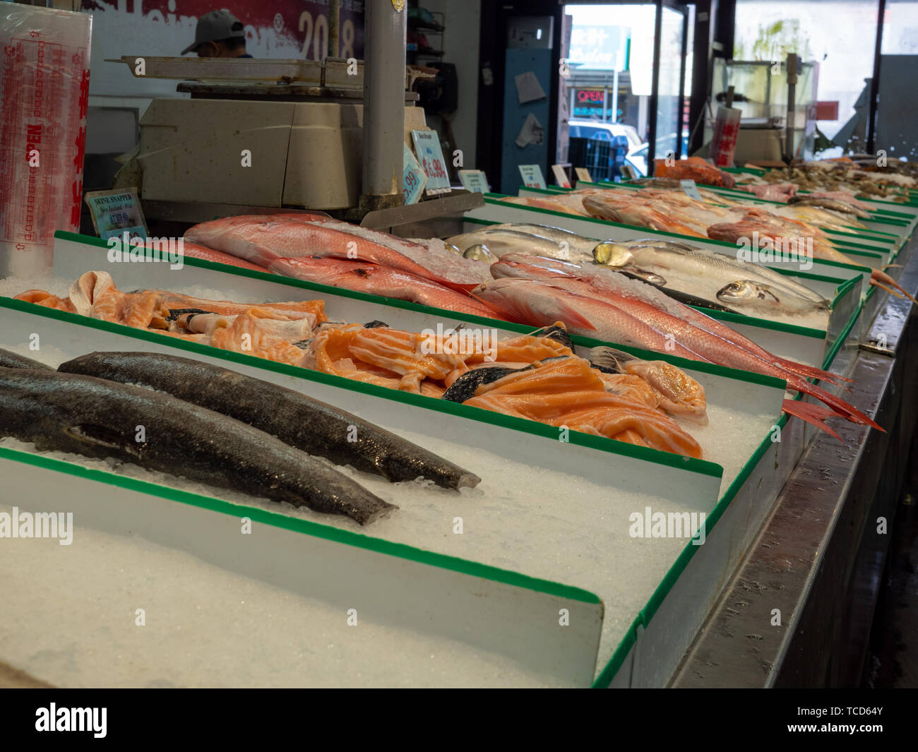 Arten von frischem Fisch sitzen auf Eis im Lebensmittelgeschäft Meeresfrüchte Abschnitt zum Kauf Stockfoto