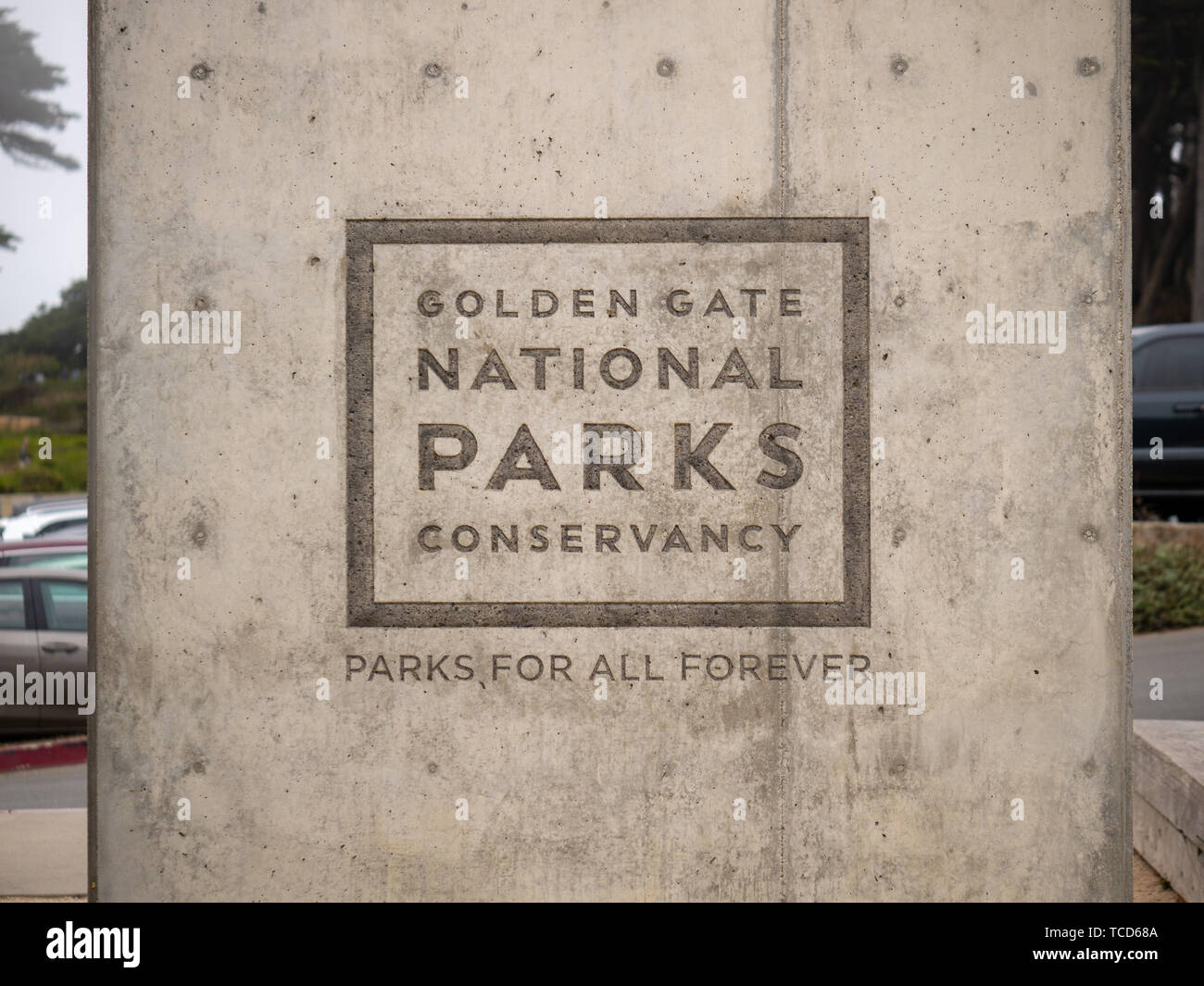 Golden Gate National Parks Wintergarten Logo in Beton eingraviert Stockfoto