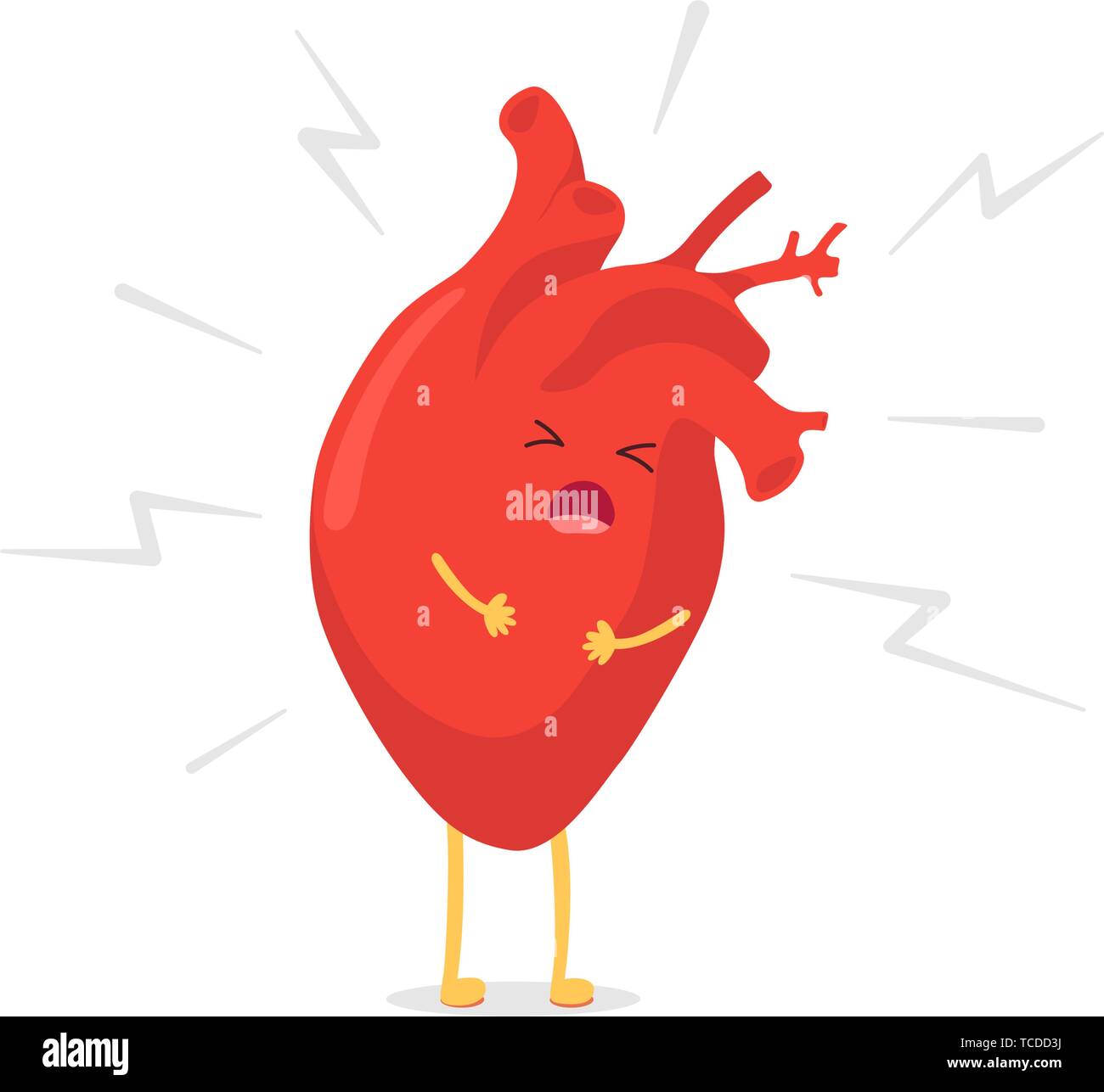 Cartoon herzen Charakter ungesund Kranken emoji Schmerz Emotion. Vektor Kreislauf- Orgel mit Blitze Herzinfarkt Konzept. EPS 10 Abbildung Stock Vektor