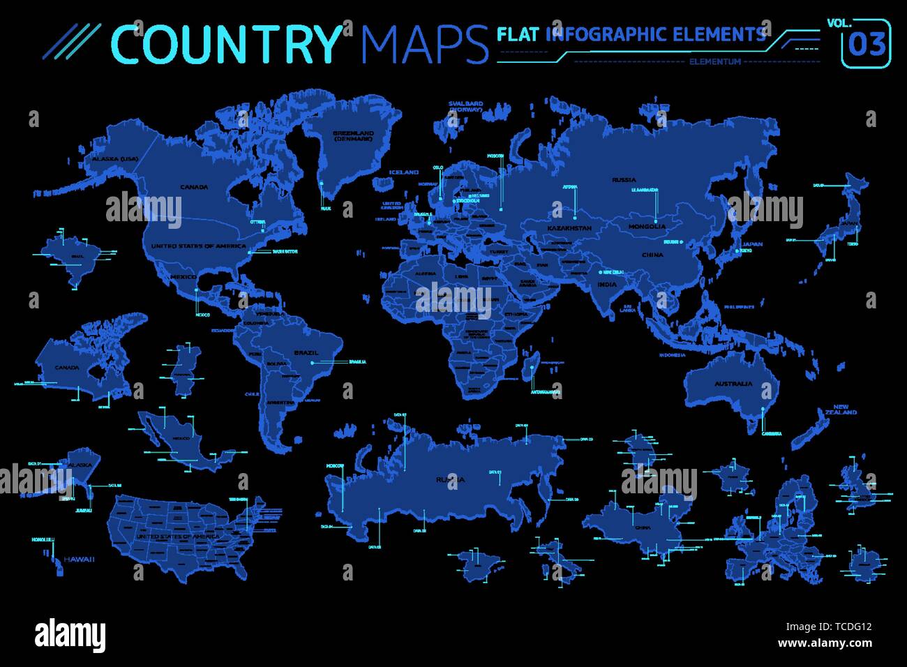 Nordamerika, Asien, Afrika, Europa, Australien, Ozeanien, USA, Russland, China, Mexiko, Japan, Kanada, Brasilien, Vektorkarten Stock Vektor