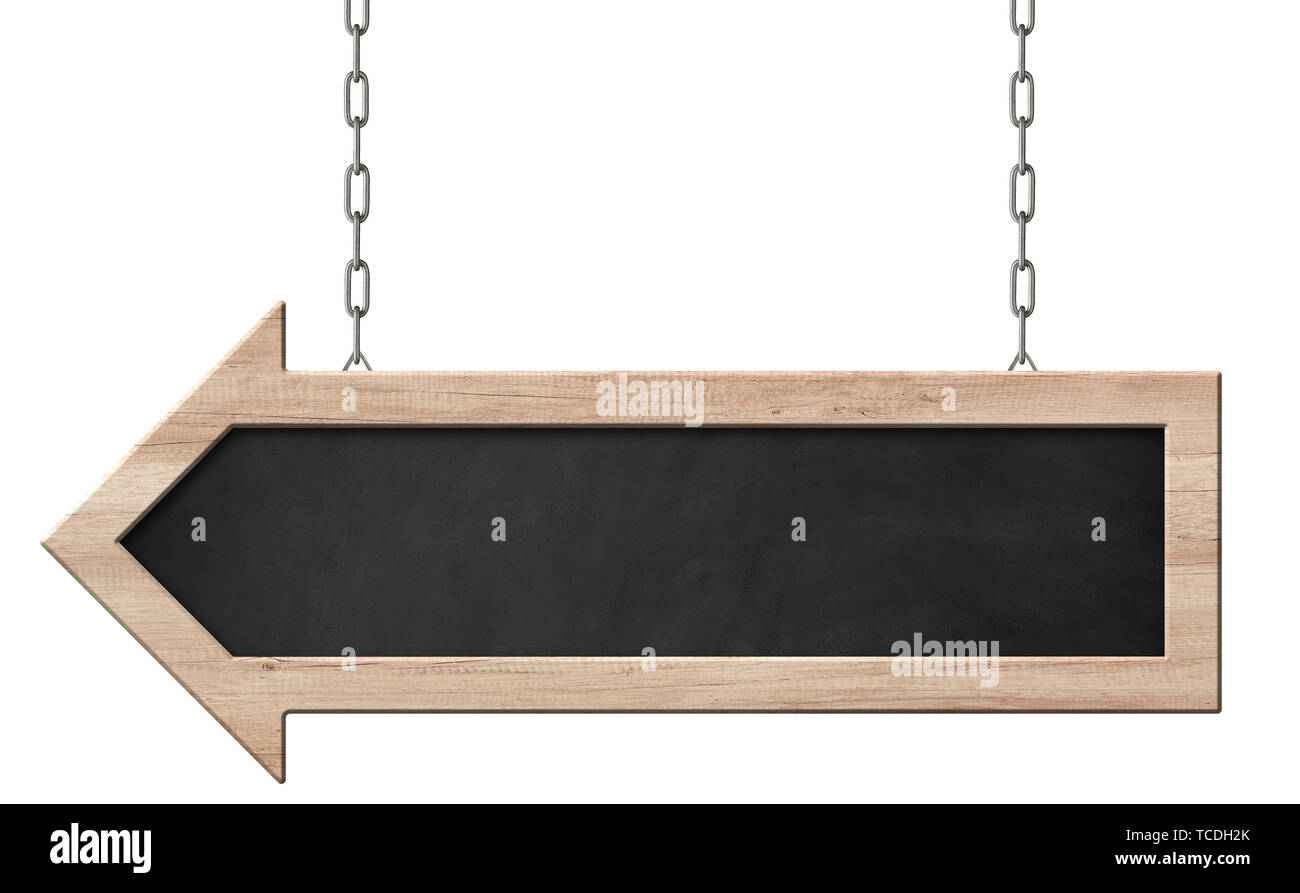 Tafel mit hellen Rahmen und Pfeil hängen an Ketten Stockfoto