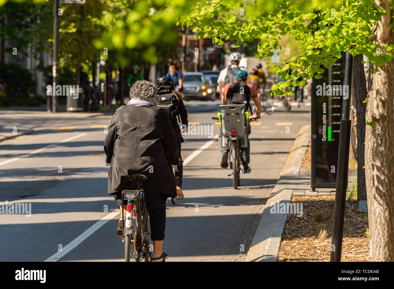 Montreal, Kanada - 6. Juni 2019: Menschen sind Fahrrad auf einem Radweg, der auf Laurier Straße in der Hochebene Nachbarschaft. Stockfoto