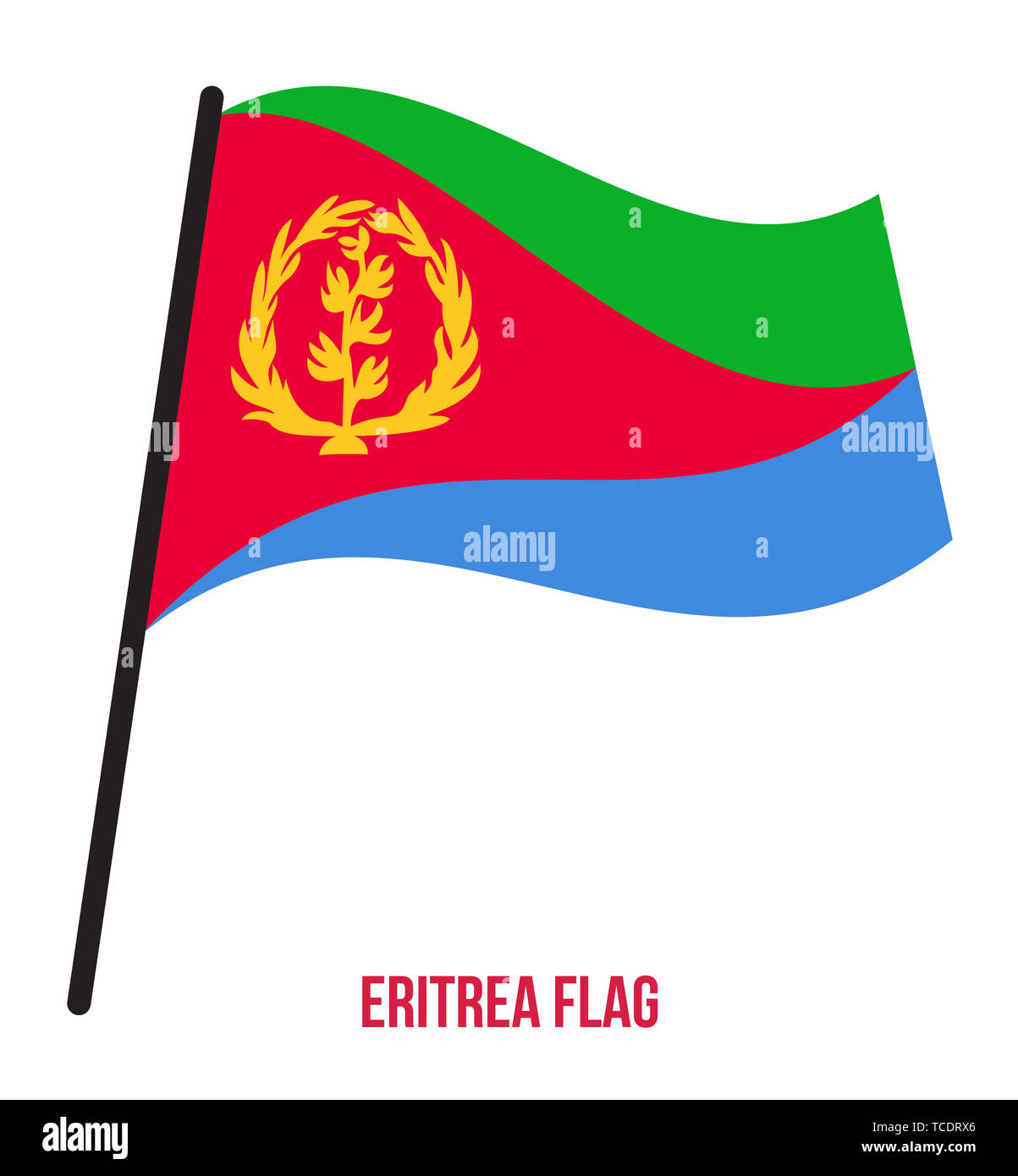 Eritrea Flagge schwenkten Vector Illustration auf weißem Hintergrund. Eritrea Nationalflagge. Stockfoto