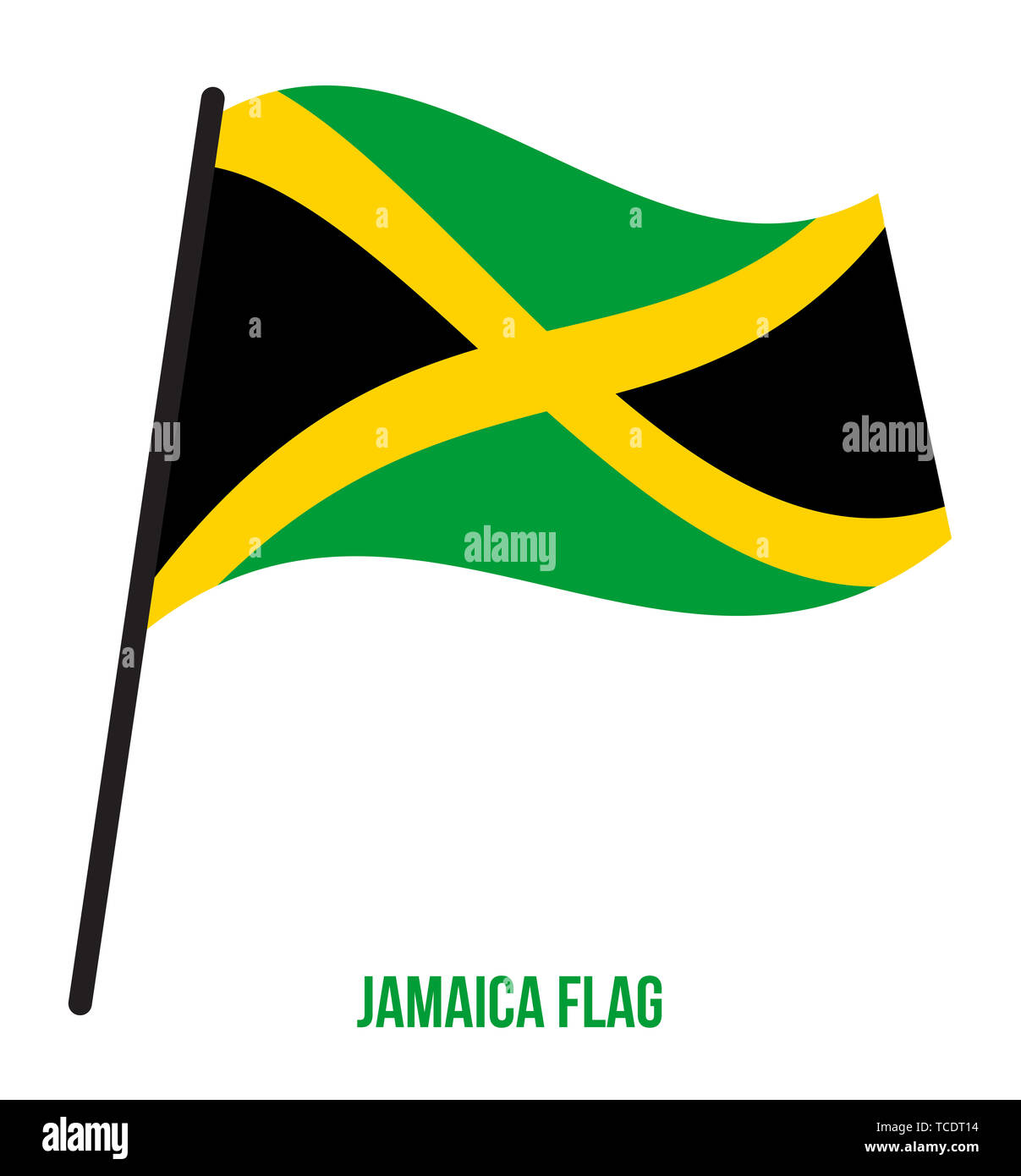 Jamaika Flagge schwenkten Vector Illustration auf weißem Hintergrund. Jamaika Flagge. Stockfoto