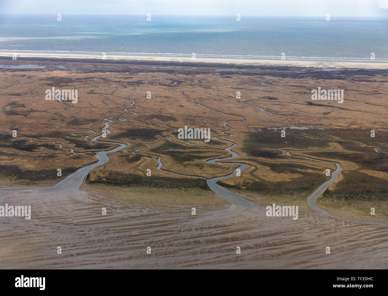 Luftaufnahme niederländischen Insel Schiermoniikoog, die Küste mit den Feuchtgebieten und Tv Stockfoto
