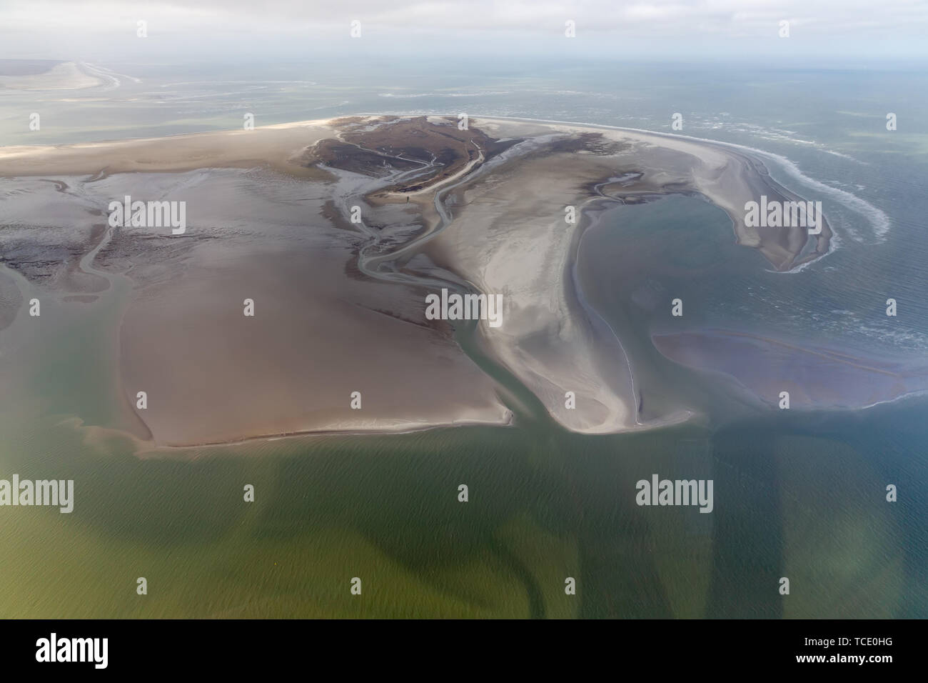 Luftaufnahme niederländischen Insel Rottumerplaat, Küste mit wattflächen und Tv Stockfoto