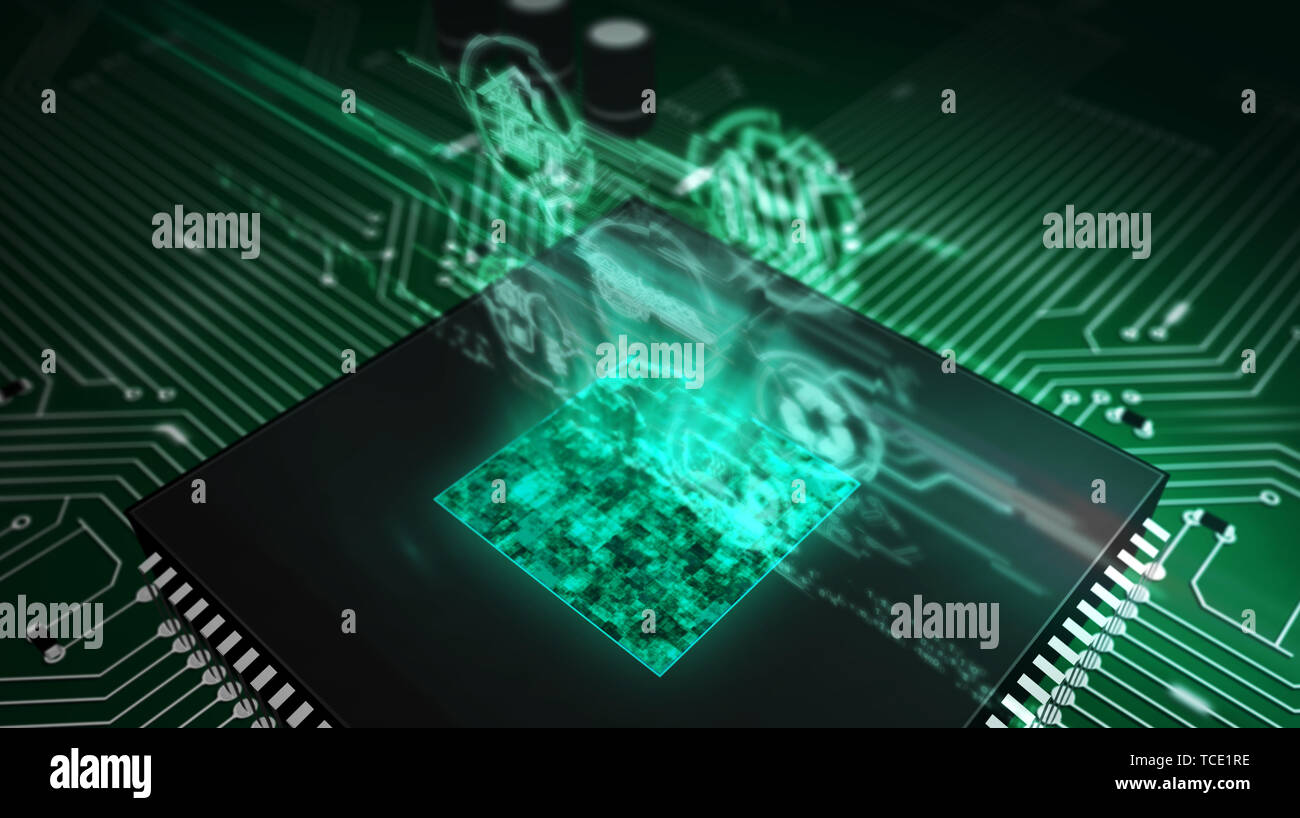 IOT - Internet der Dinge Symbole Hologramm über funktionierende cpu im Hintergrund. Platine 3d-Abbildung. Stockfoto