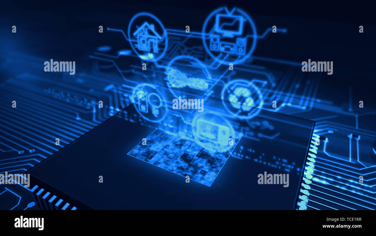 IOT - Internet der Dinge Symbole Hologramm über funktionierende cpu im Hintergrund. Platine 3d-Abbildung. Stockfoto