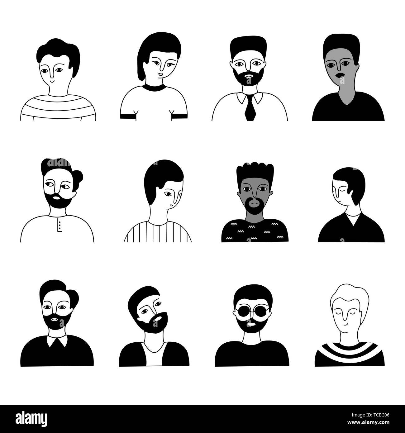 Eine multikulturelle Gruppe von Menschen Gesichter (Muslim, Asiatischen, Europäischen) auf einem weißen Hintergrund. Soziale Vielfalt. Doodle cartoon Vector Illustration. Stock Vektor