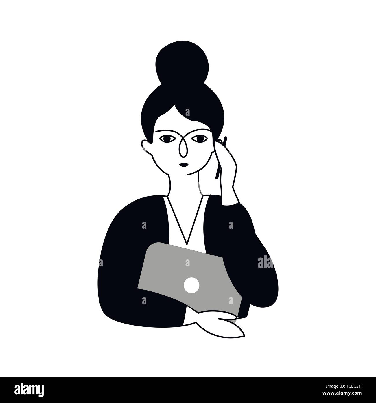 Business woman sprechen Sie auf dem Smartphone und hält den Laptop in den Händen. Stock Vektor