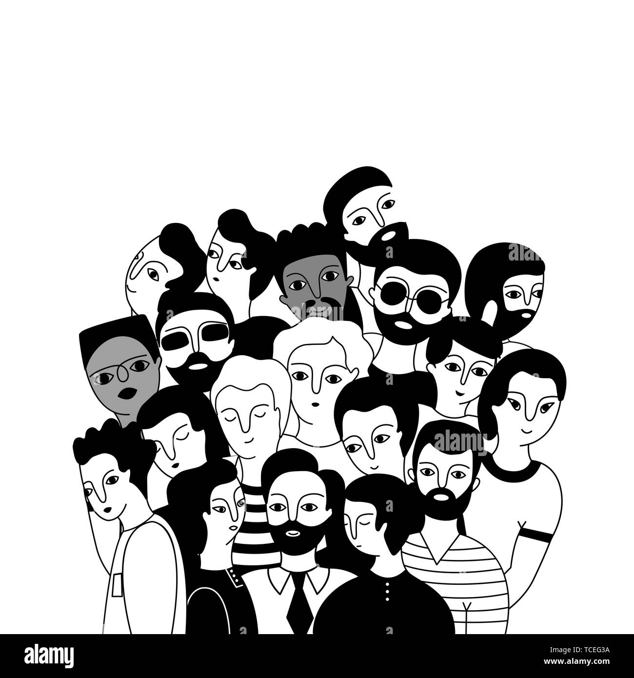 Eine multikulturelle Gruppe von Männern (Muslim, Asiatischen, Europäischen) auf einem weißen Hintergrund. Soziale Vielfalt. Doodle cartoon Vector Illustration. Stock Vektor
