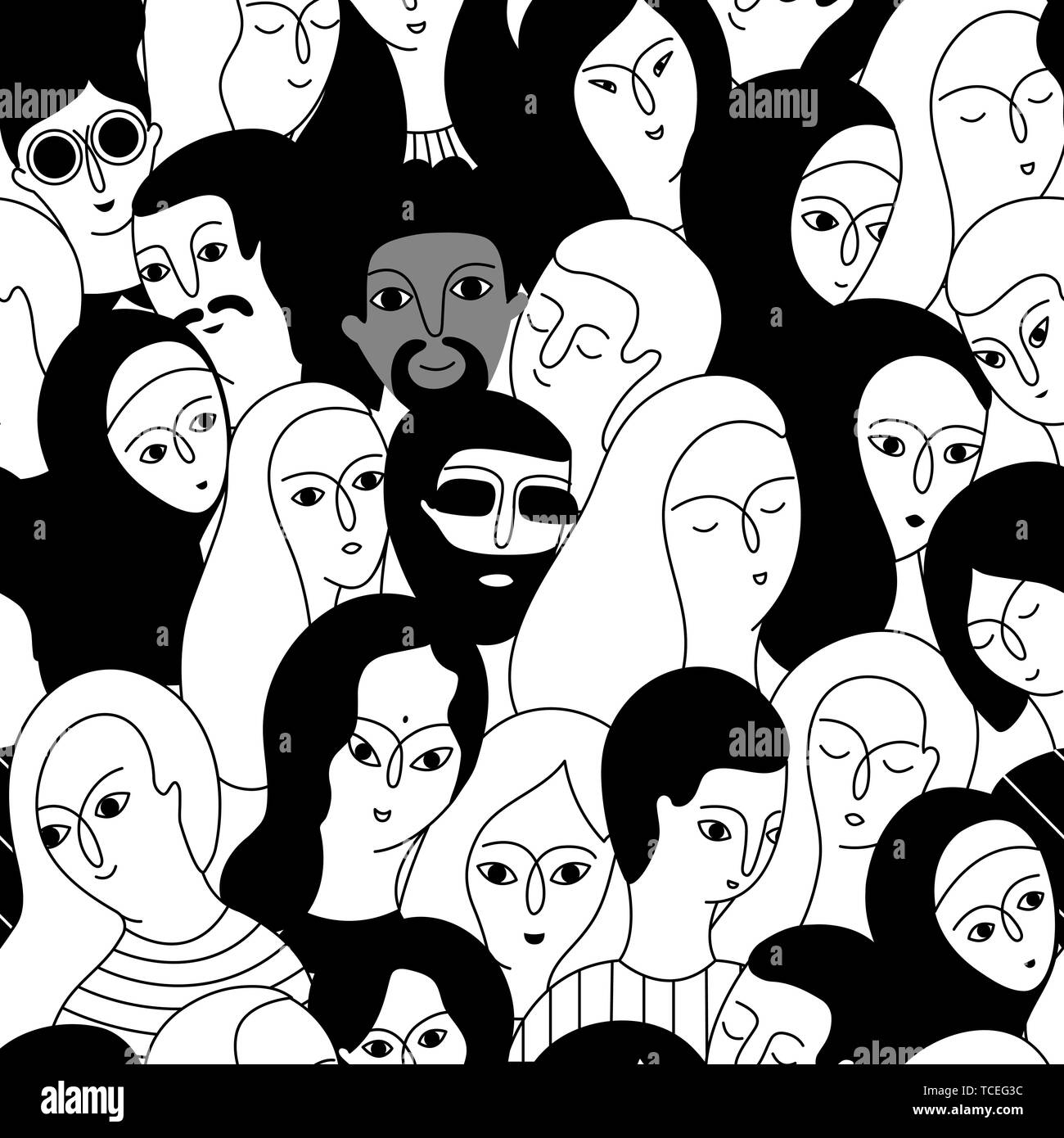 Nahtlose Muster mit einer multikulturellen Gruppe von Frauen und Männern (Muslim, Asiatischen, Europäischen, Hindu) auf einem weißen Hintergrund. Soziale Vielfalt. Doodle Cartoon Stock Vektor