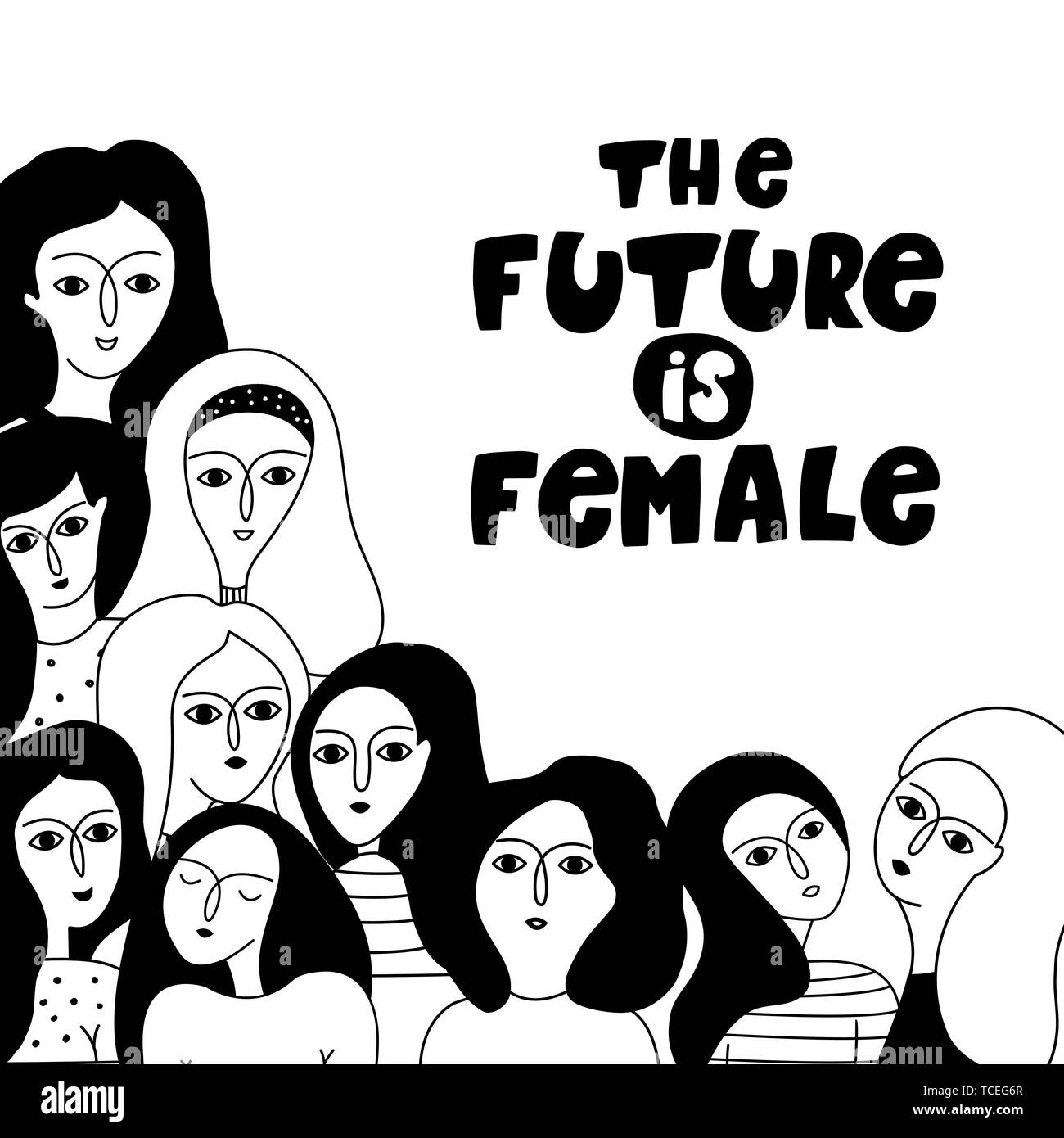 Grußkarte mit einer Gruppe von Mädchen und Schriftzug "Die Zukunft ist weiblich!". Feminismus. Internationaler Tag der Frau! Vector Illustration. Stock Vektor