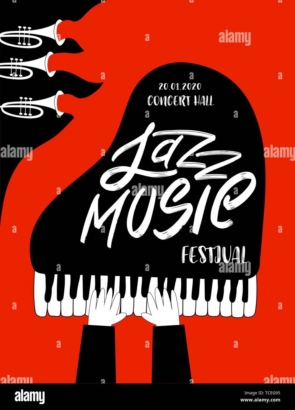 Jazz Festival Plakat mit Klavier und Trompeten. Internationalen Jazz. Vektor handgezeichnete Illustrationen. Stock Vektor