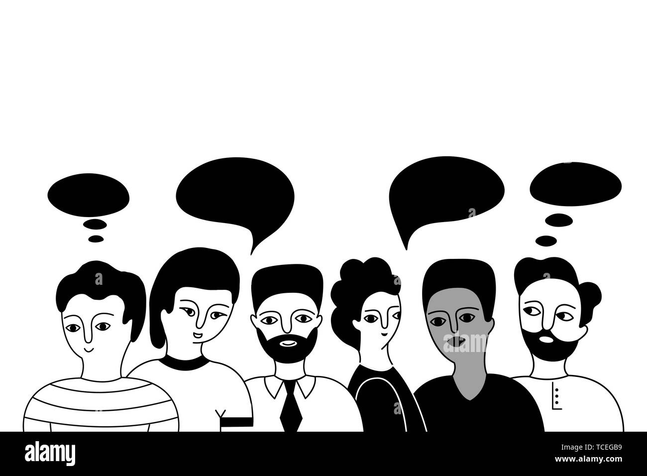 Multikulturelle Gruppe von Männern (Muslim, Asiatischen, Europäischen, Hindu) auf einem weißen Hintergrund. Soziale Vielfalt. Doodle cartoon Vector Illustration. Stock Vektor