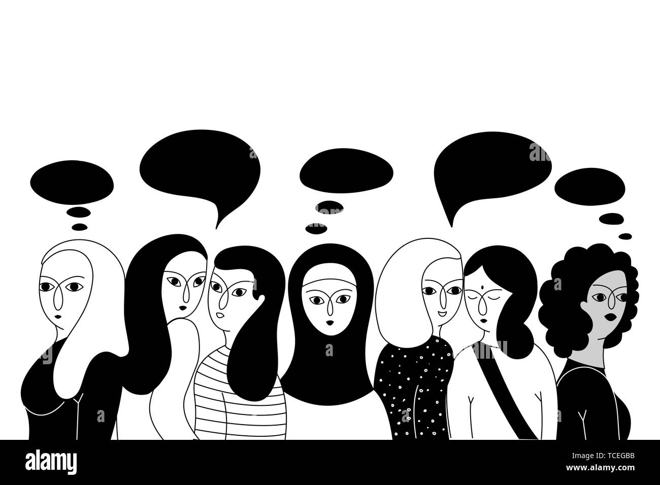 Multikulturelle Gruppe von Frauen (Muslim, Asiatischen, Europäischen, Hindu) auf einem weißen Hintergrund. Soziale Vielfalt. Doodle cartoon Vector Illustration. Stock Vektor
