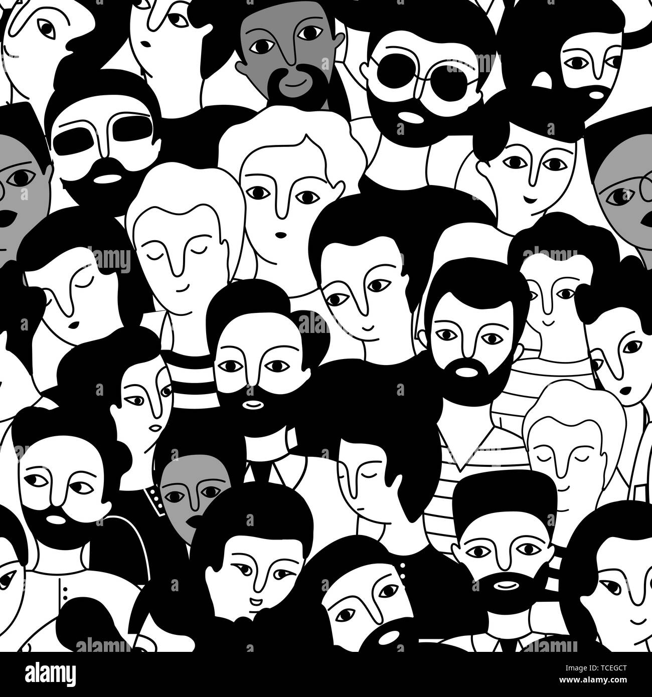 Nahtlose Muster mit einer multikulturellen Gruppe von Männern (Muslim, Asiatischen, Europäischen) auf einem weißen Hintergrund. Soziale Vielfalt. Doodle cartoon Vektor nahtlose p Stock Vektor