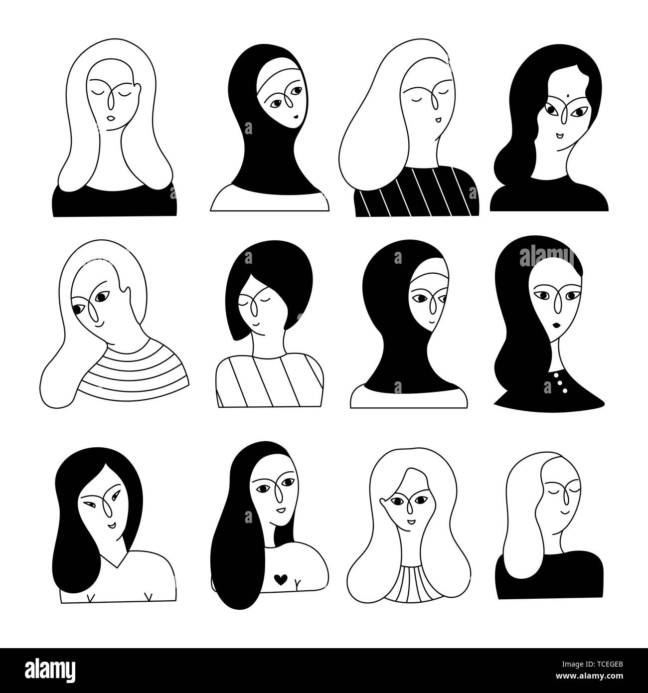 Eine multikulturelle Gruppe von Frauen die Faeces (Muslim, Asiatischen, Europäischen, Hindu) auf einem weißen Hintergrund. Soziale Vielfalt. Doodle cartoon Vector Illustration. Stock Vektor