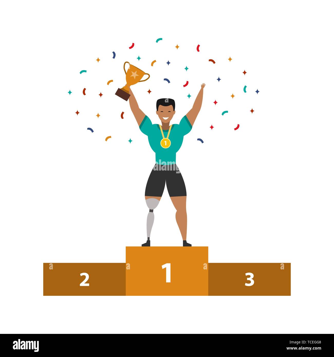 Sportler mit Prothese Bein stolz steht auf der gewinnenden Podium bis gewinnen Trophäe auf einem weißen Hintergrund. Vector Illustration. Stock Vektor