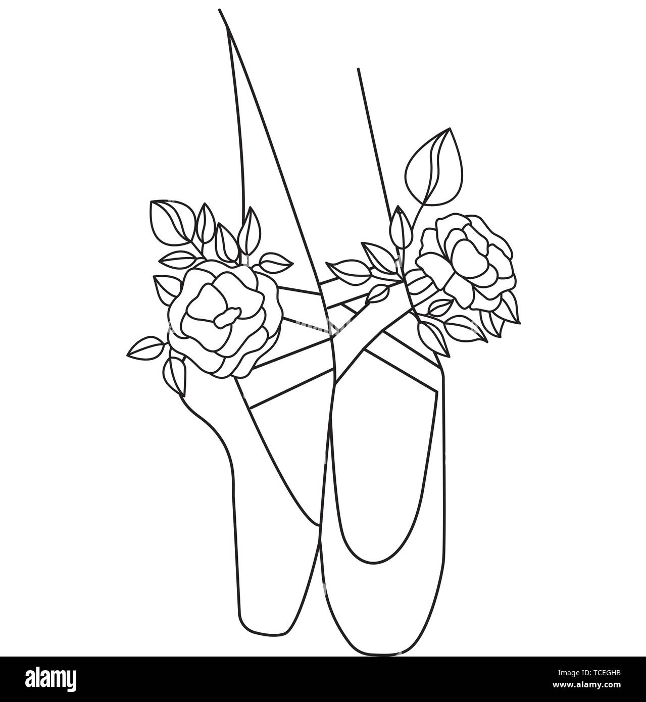 Ballet Shoes Silhouette mit Blumen Pfingstrosen. Design Kunst für Postkarte Stock Vektor