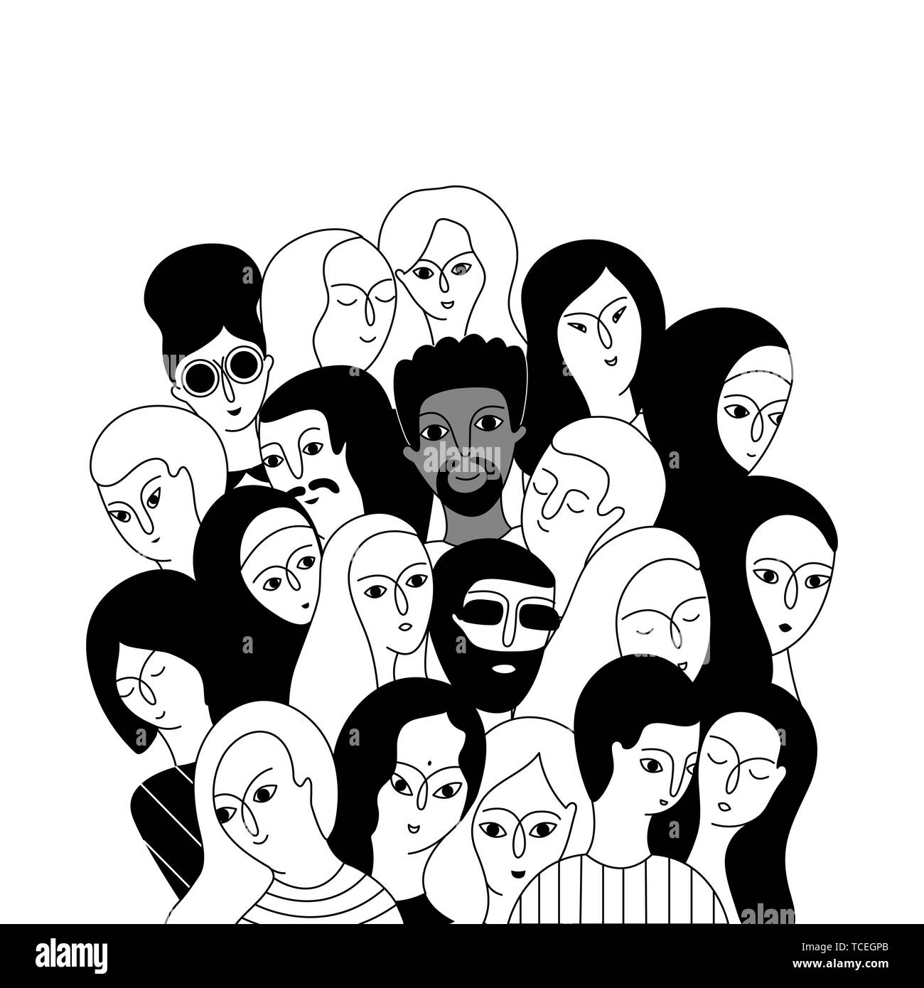 Eine multikulturelle Gruppe von Frauen und Männern (Muslim, Asiatischen, Europäischen, Hindu) auf einem weißen Hintergrund. Soziale Vielfalt. Doodle cartoon Vector Illustration. Stock Vektor