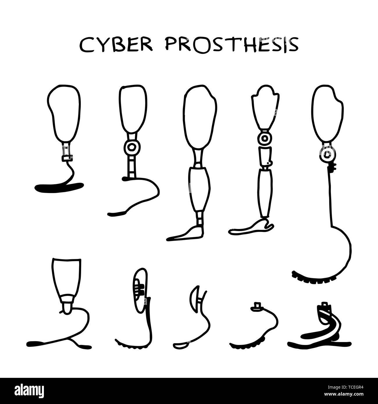 Satz von zehn Hand gezeichnet Prothese auf einem weißen Hintergrund. Prothese für das Bein. Moderne Exoskelett prothetischen Mechanismus. Cyber Prothese. Vektor illustr Stock Vektor