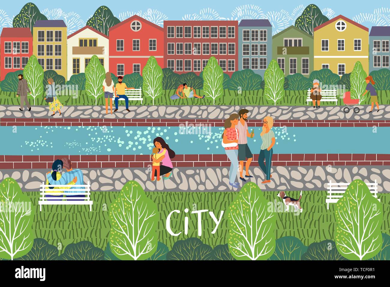 Menschen in der Stadt. Cute Stadtbild Vector Illustration mit Menschen, Fluß, Gebäude, Häuser und Bäume. Städtische Szene Zeichnung Stock Vektor