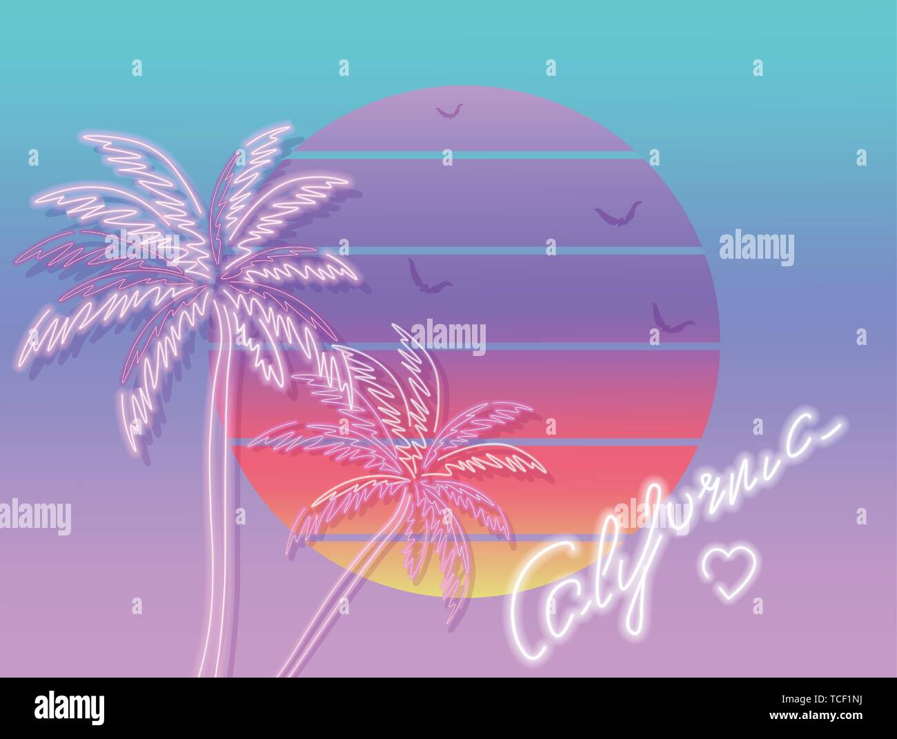Tropic Sonnenuntergang Kalifornien poster Vektor. Bunte Vintage-dekor Symbol Stock Vektor