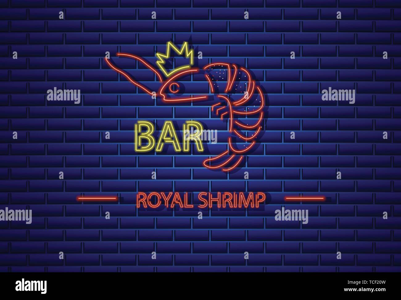 Royal Garnelen neon Vektor. Frische leuchtende Symbol Vorlage Stock Vektor