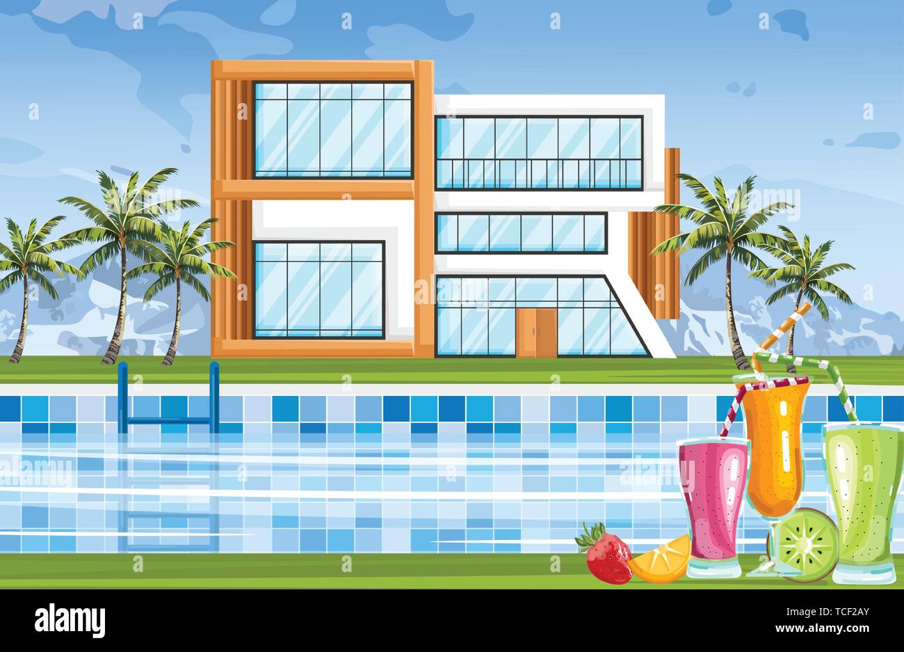 Modernes Haus mit Schwimmbad Vektor. Architektur Fassade Sommer Natur Umwelt Stock Vektor