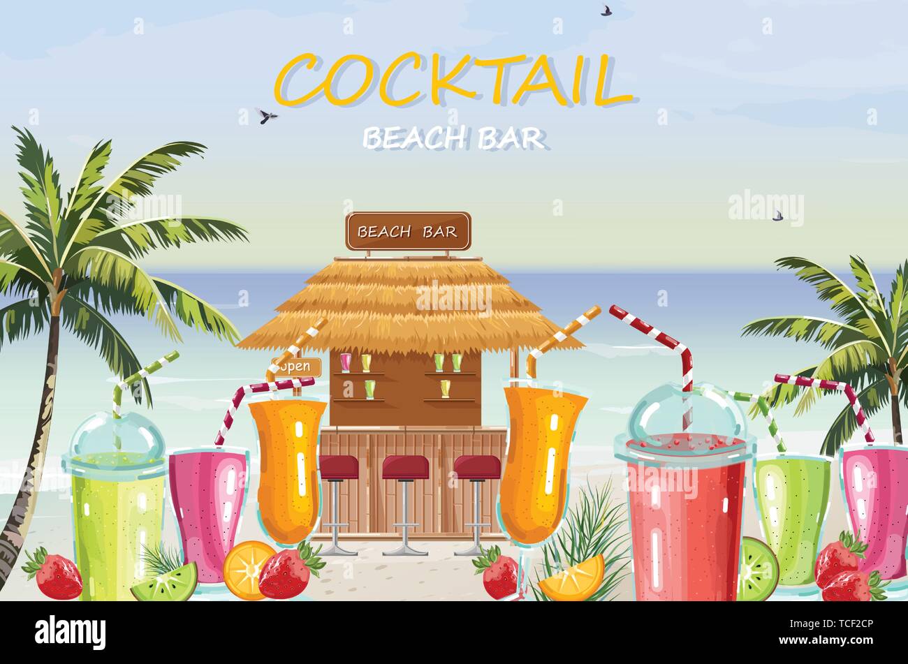 Beach Bar Cocktail Drinks Vektor. Frische saftige smothies und Getränke am Meer Hintergrund. Sommer tropic Symbol Vorlage Stock Vektor