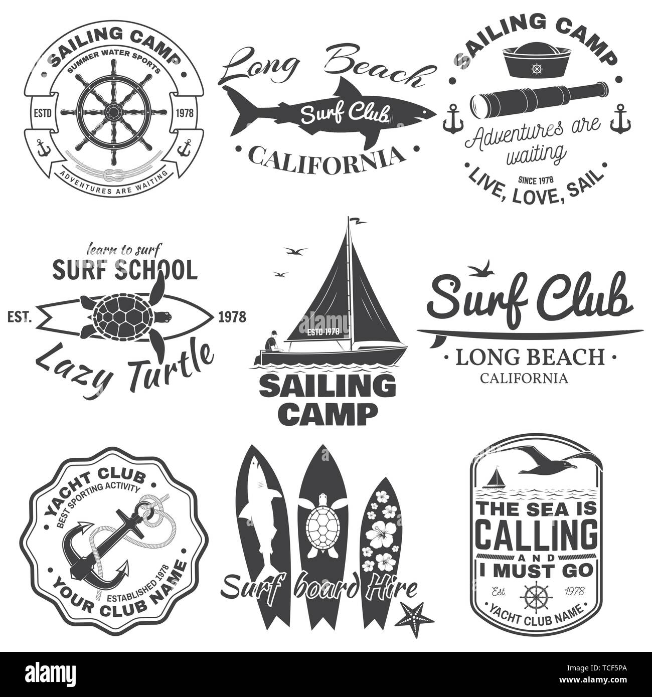 Satz von Segeln, Yacht Club und Surf Club Abzeichen. Vektor. Konzept für T-Shirt, Druck, Stempel oder T-Stück. Vintage Typografie Design mit Surfbrett und Segelboot Silhouette. Extreme Wasser Sport. Stock Vektor