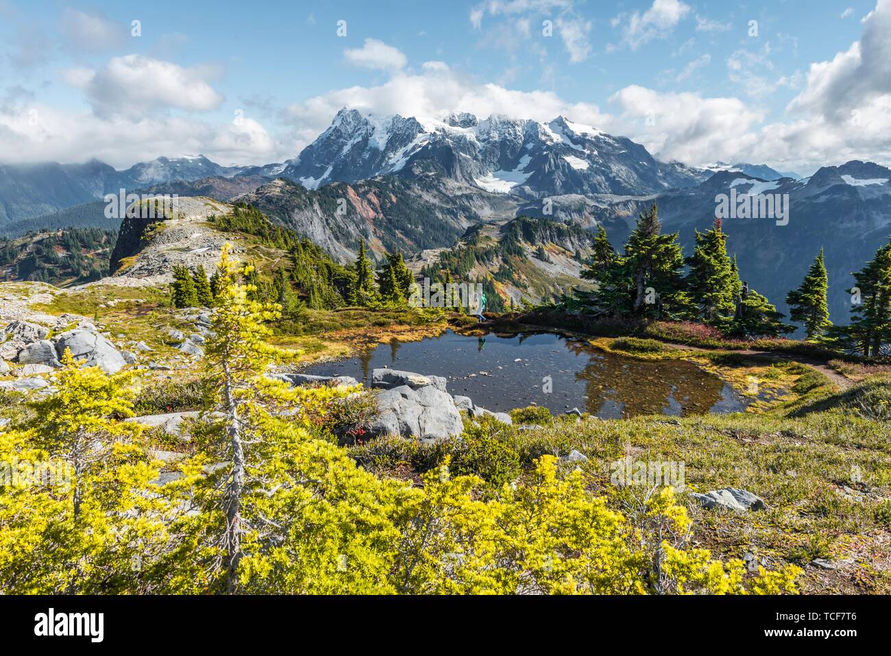 Kleinen Bergsee an der Tischplatte, Berg, Mt. Mit Schnee und Gletscher, Mt Shuksan. Baker-Snoqualmie National Forest, Washington, USA, Nordamerika Stockfoto