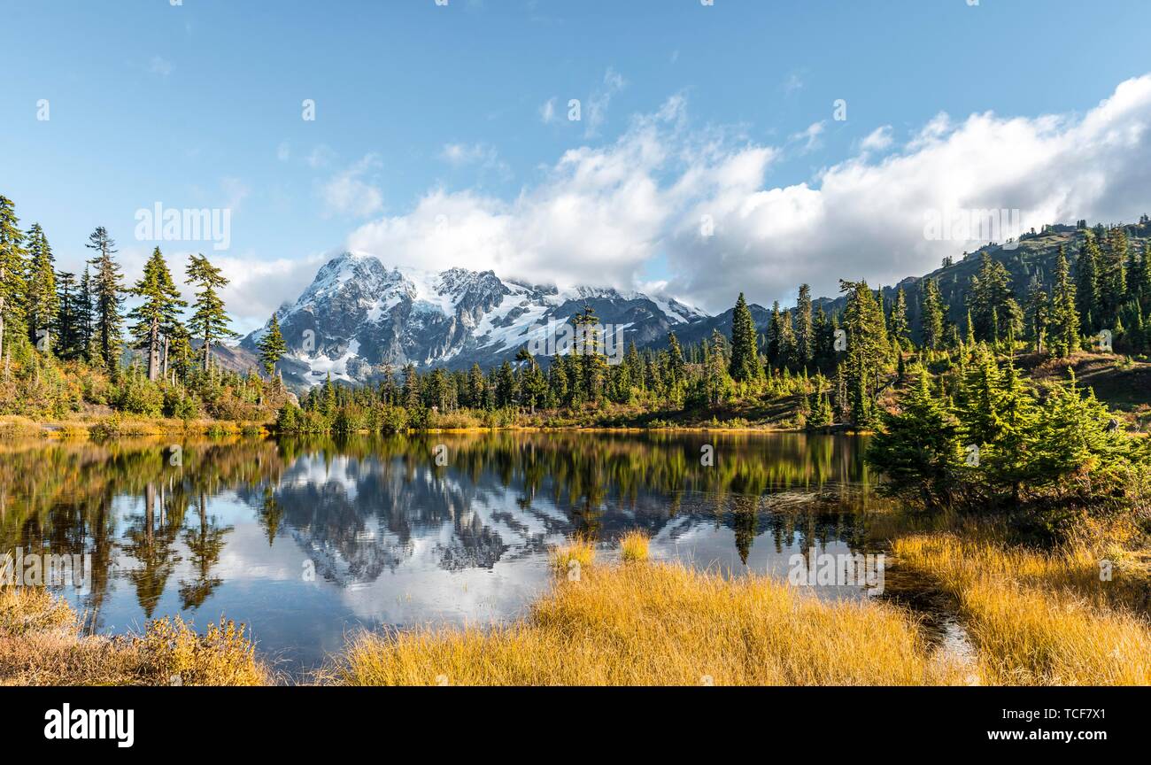 Berg Mt. Shuksan mit Reflexion in Bild See, Wald vor der Gletscher mit Schnee, Eis und Felsen, Berg Baker-Snoqualmie National Forest, Washin Stockfoto