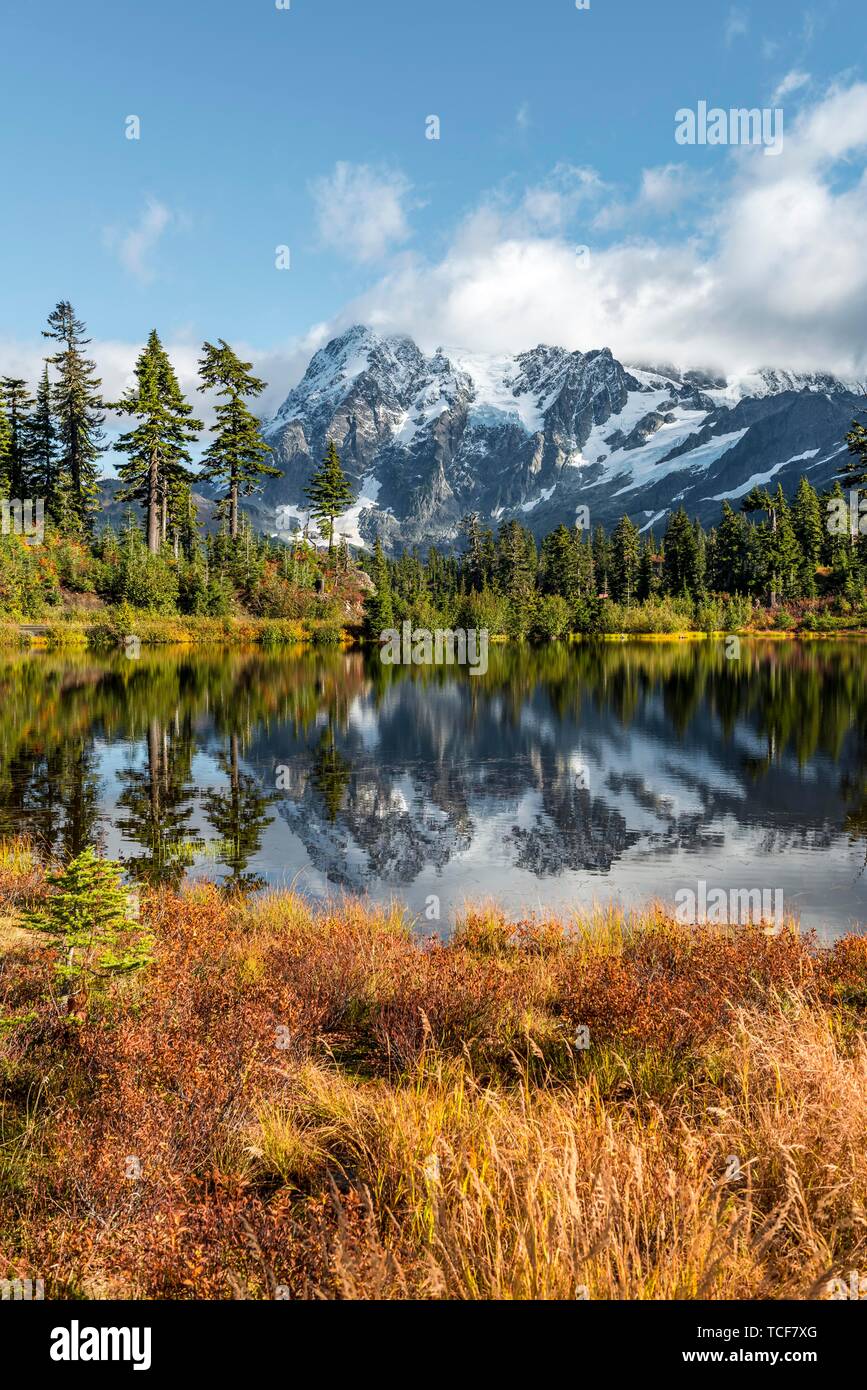 Berg Mt. Shuksan mit Reflexion in Bild See, Wald vor der Gletscher mit Schnee, Eis und Felsen, Berg Baker-Snoqualmie National Forest, Washin Stockfoto