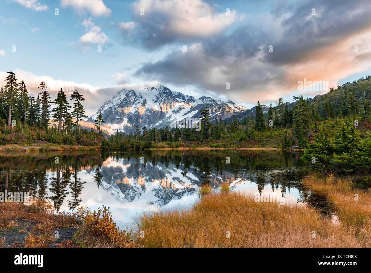 Berg Mt. Shuksan mit Reflexion in Bild See, Wald vor der Gletscher mit Schnee, Eis und Felsen, Abendstimmung, Mount Baker-Snoqualmie Nation Stockfoto