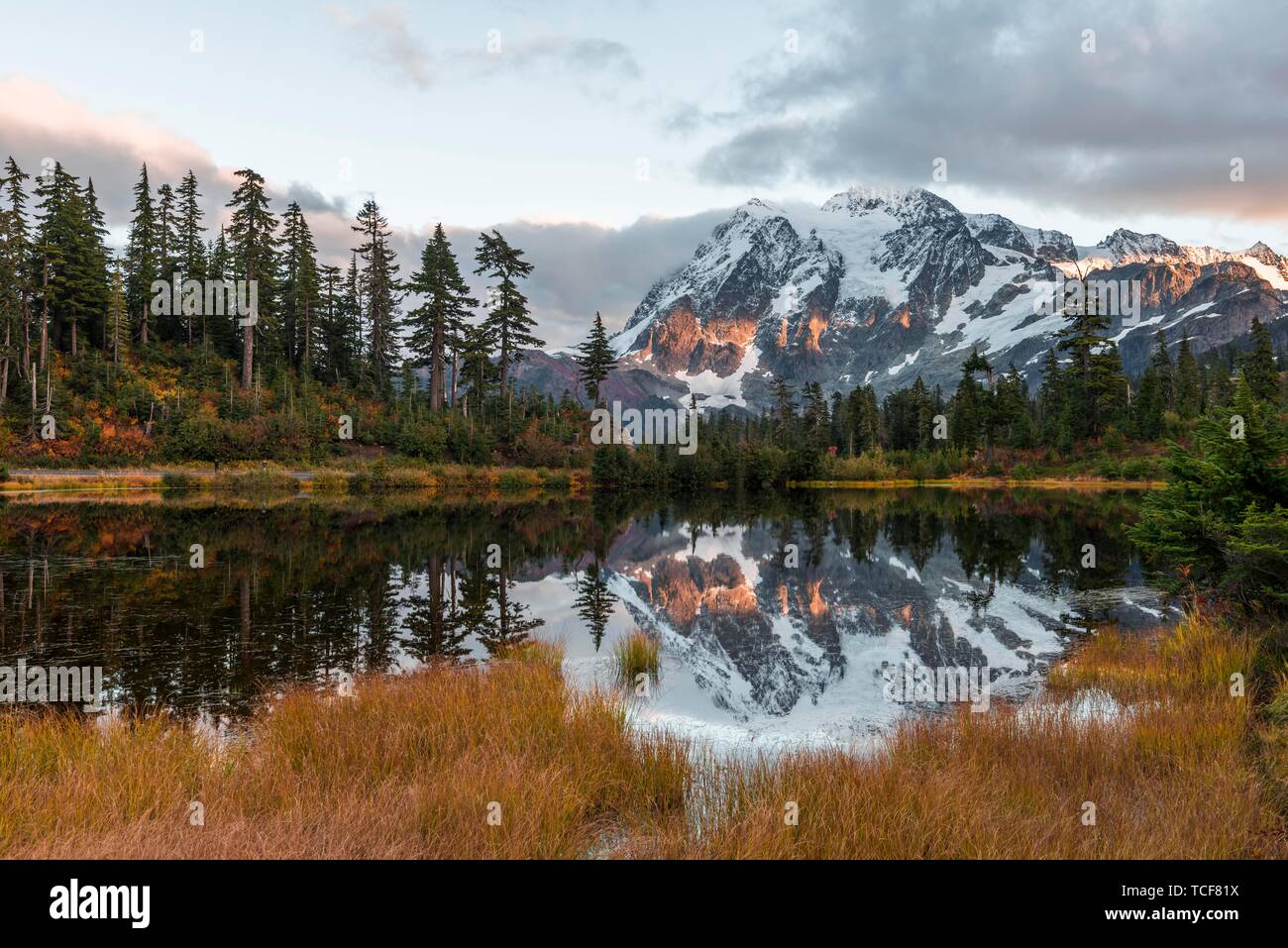 Sonnenuntergang, Mt. Shuksan Gletscher mit Schnee im Bild See, bewaldeten Berglandschaft, Mt. Baker-Snoqualmie National Forest, Washington, USA, noch Stockfoto